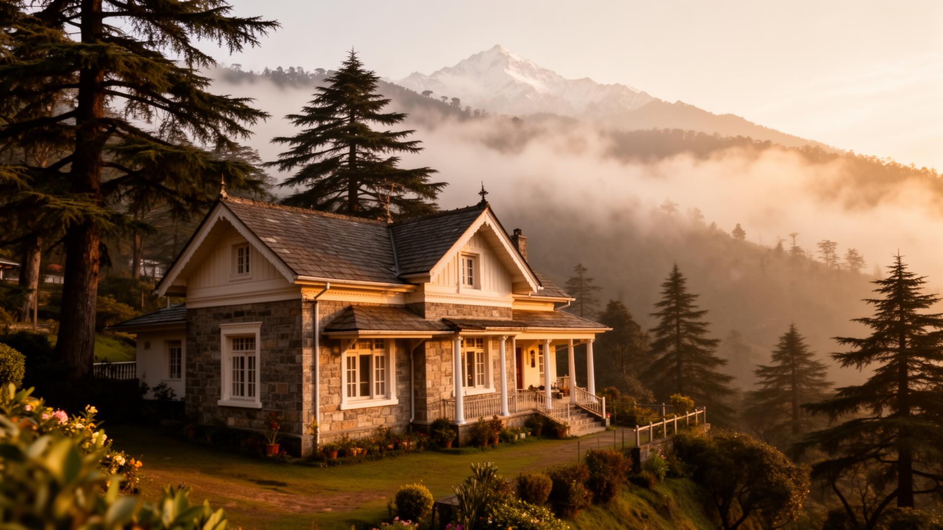 AS Castle homestay nestled in the misty Mussoorie mountains at golden hour